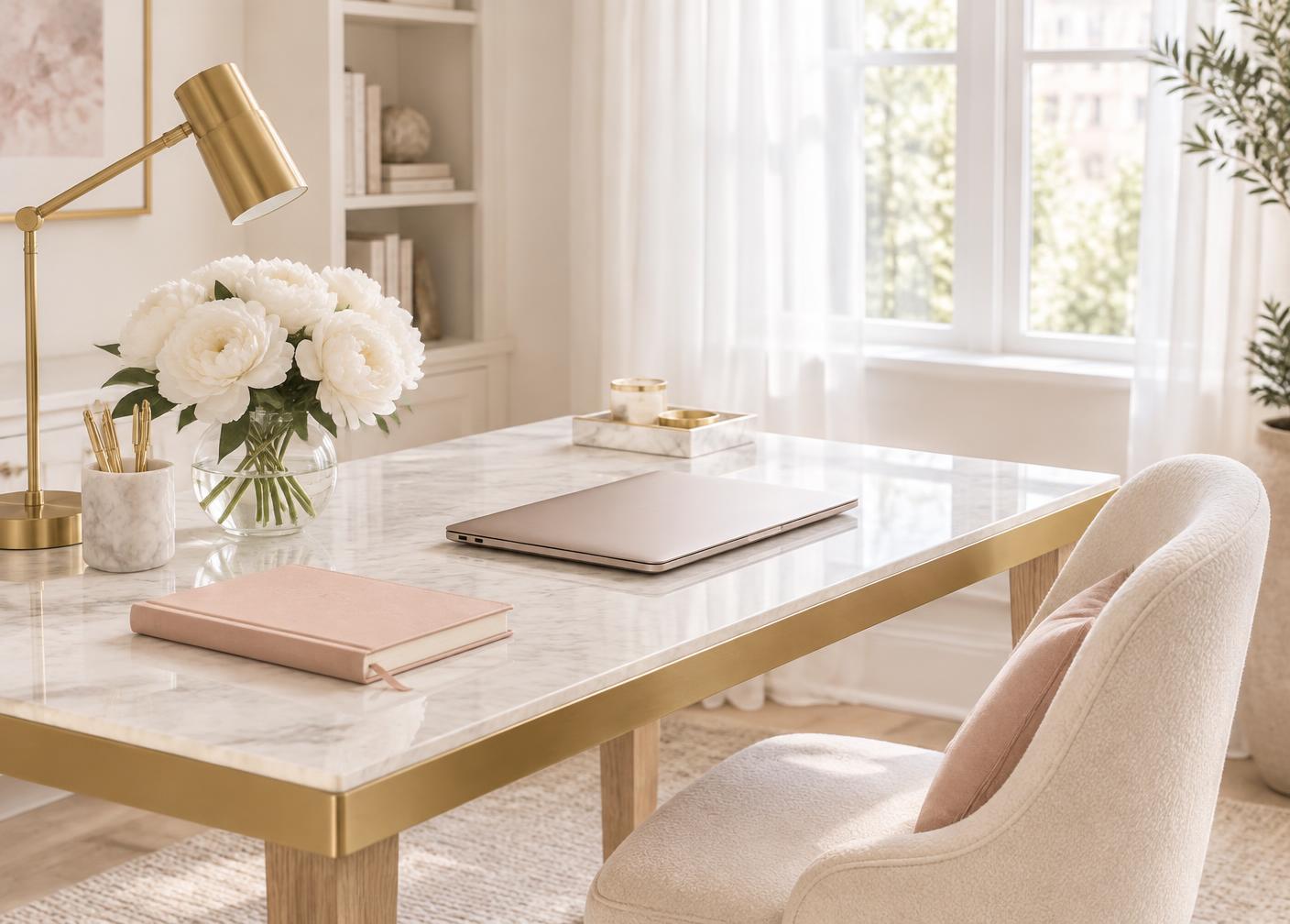 A quiet corner desk with warm lamp light at the Fountain City office